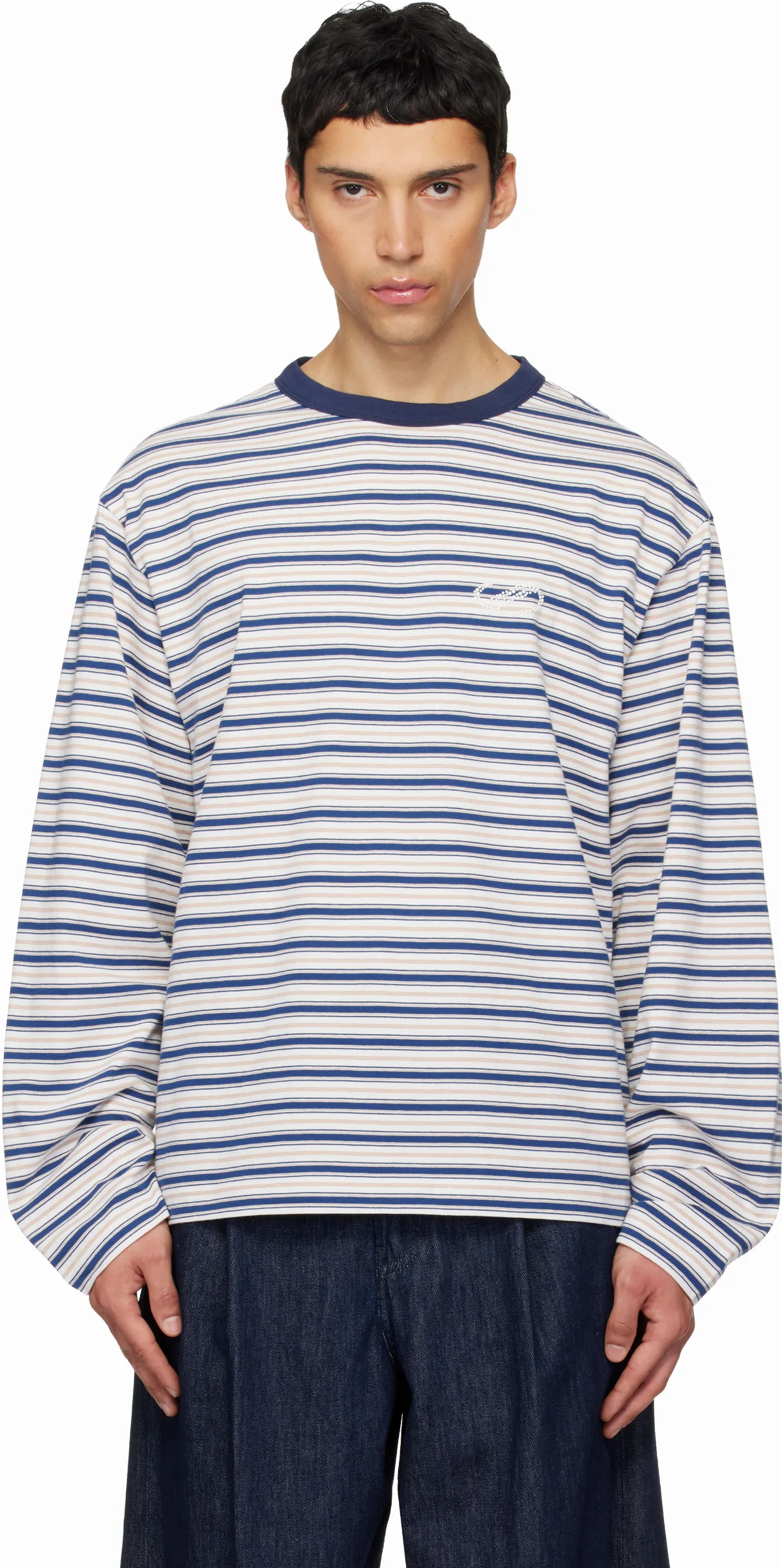 White & Blue We11done Stripe Long-Sleeve T-shirt