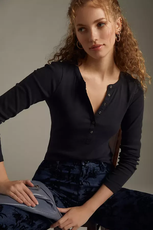 Andie Ribbed Henley Top by Pilcro by Pilcro