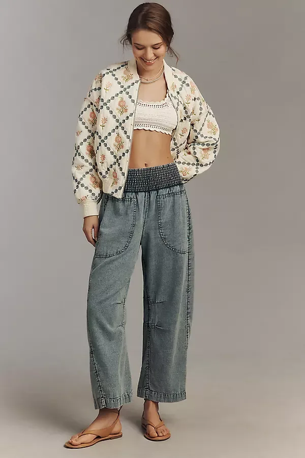 Reese Smocked Pull-On Barrel Jeans in Cross-Weave Cotton by Pilcro
