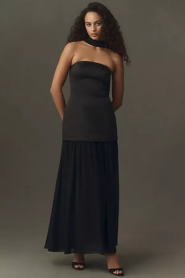 Natalie Strapless Stretch Satin Chiffon Maxi Dress by Mare Mare