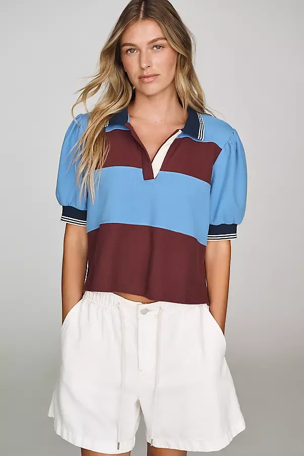 Color-Block Puff-Sleeve Cotton Rugby Top by Maeve
