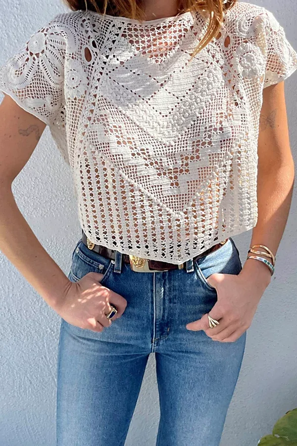 1970s Crochet Lace Cropped Blouse Selected by Madly Vintage by Madly Vintage