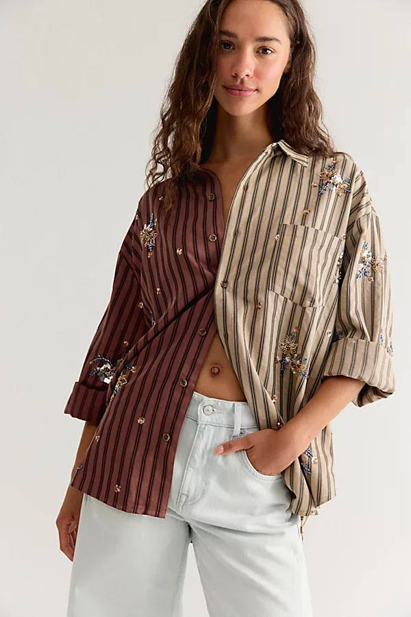 Half N' Half Embellished Button Down Top by The Tales