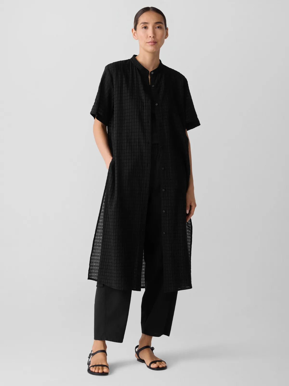 Organic Cotton Voile Box Band Collar Shirt by EILEEN FISHER