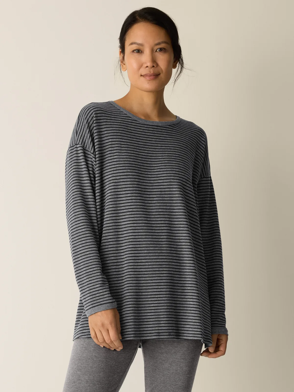Striped Cozy Brushed Terry Long Box-Top by EILEEN FISHER