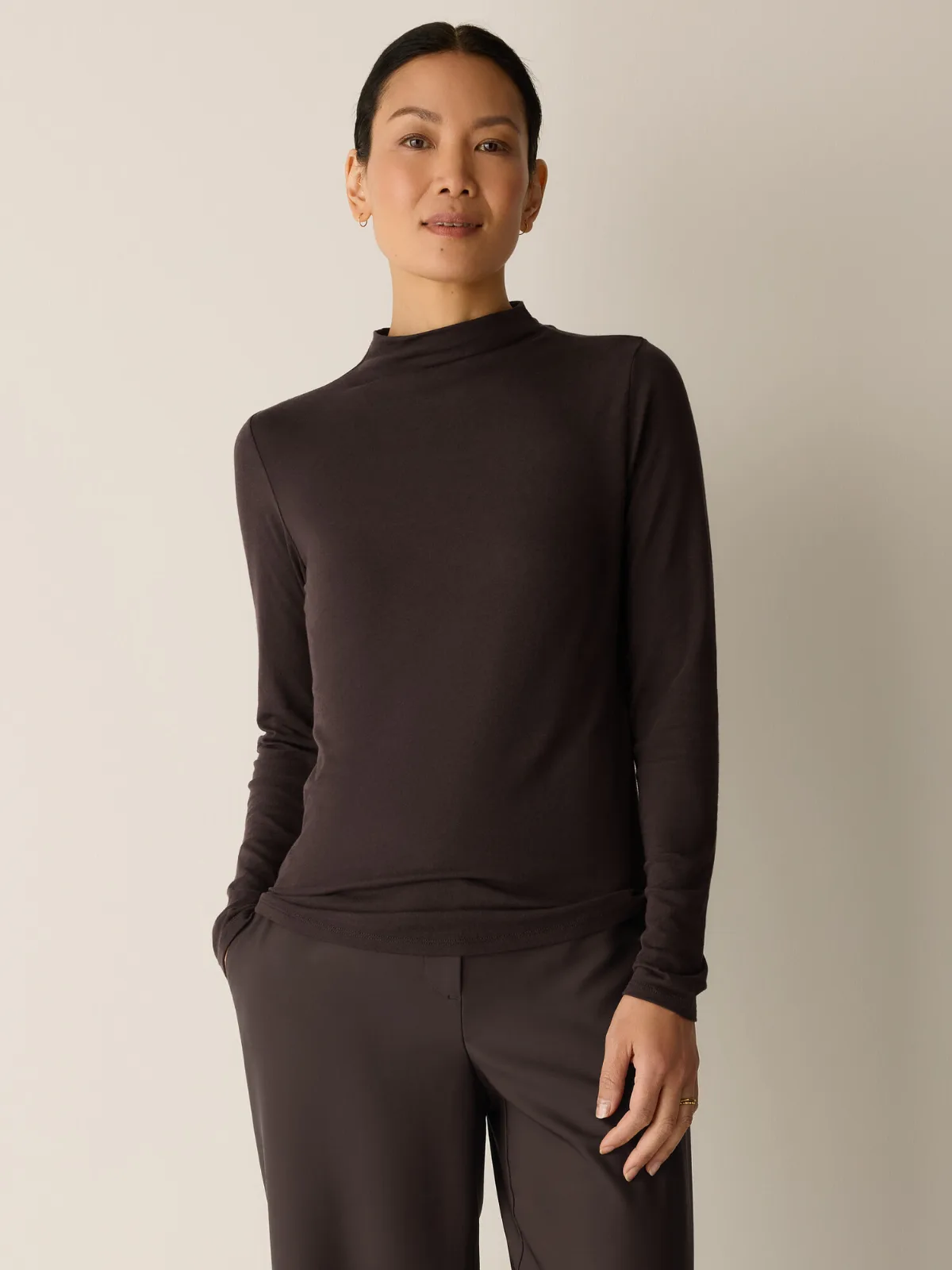 Sheer Cotton Blend Knit Funnel Neck Top by EILEEN FISHER