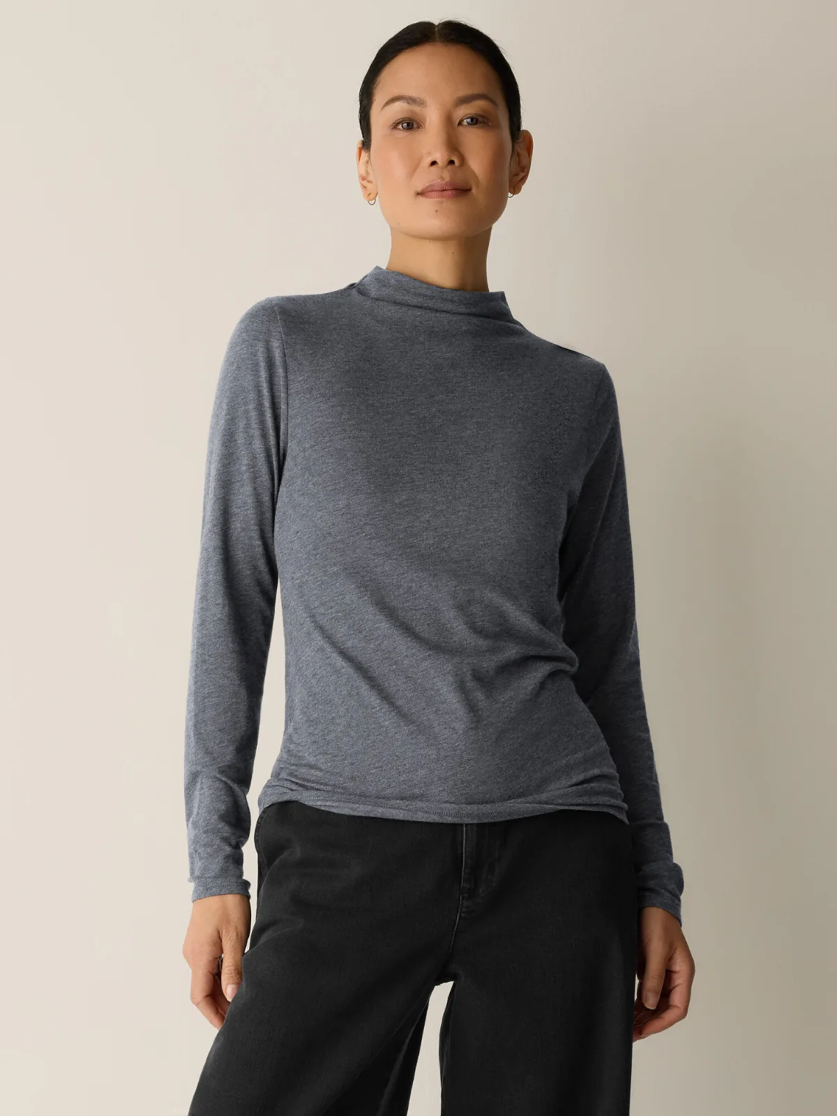 Melange Sheer Cotton Blend Knit Funnel Neck Top by EILEEN FISHER