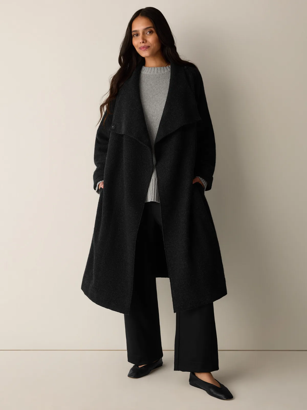 Lightweight Boiled Wool Drape Neck Coat in Regenerative Wool by EILEEN FISHER