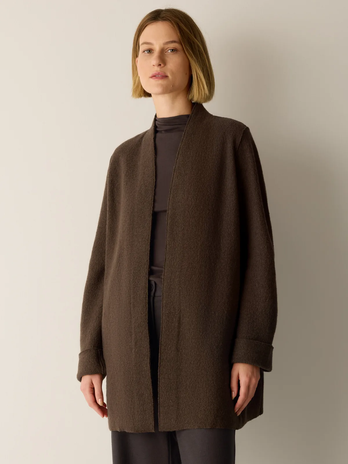 Lightweight Boiled Wool High Collar Jacket in Regenerative Wool by EILEEN FISHER
