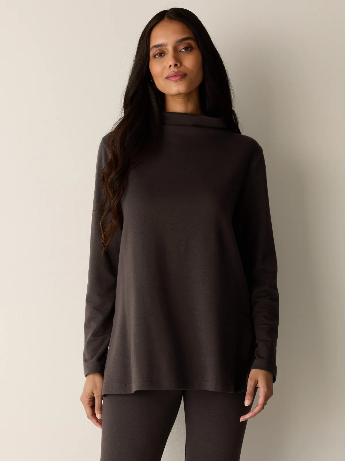 Cozy Brushed Terry Hug Funnel Neck Long Top by EILEEN FISHER