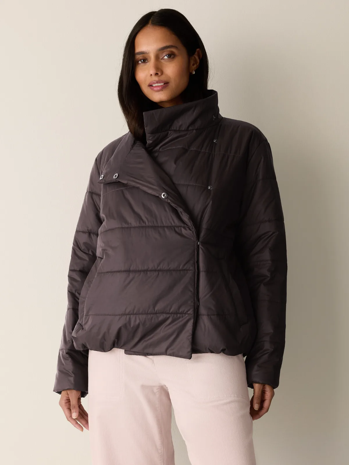 Eggshell Recycled Nylon Stand Collar Quilted Coat by EILEEN FISHER