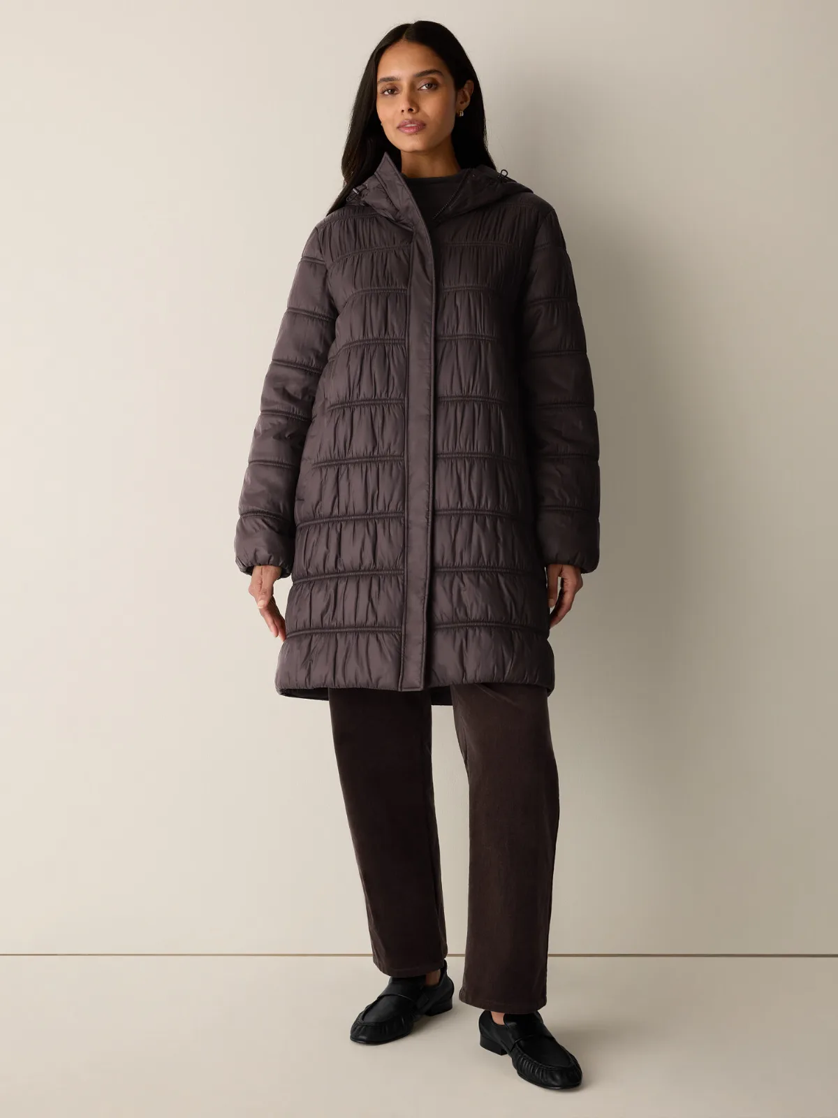Eggshell Recycled Nylon Hooded Quilted Coat by EILEEN FISHER