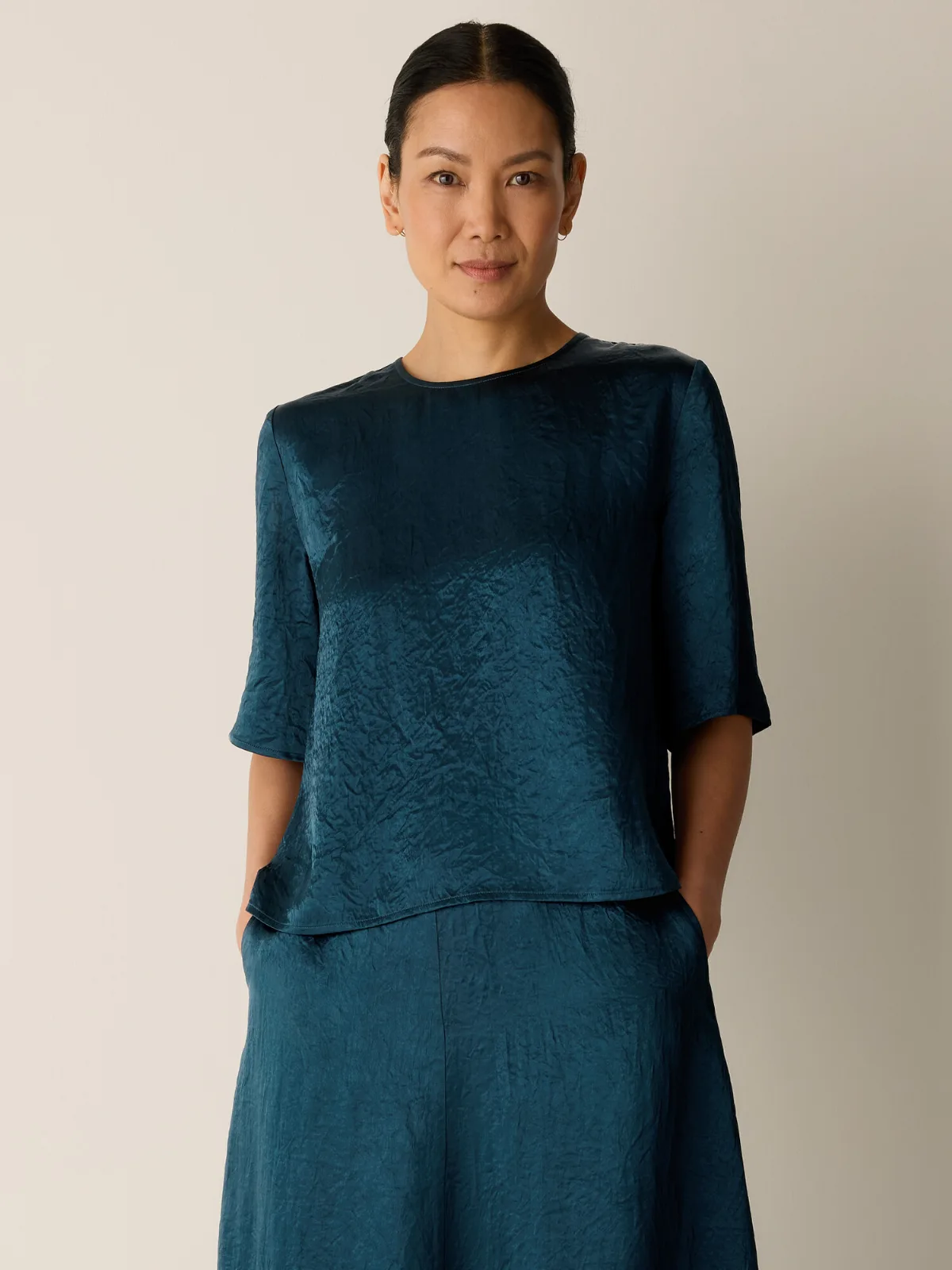 Textured Satin Round Neck Elbow-Sleeve Top by EILEEN FISHER