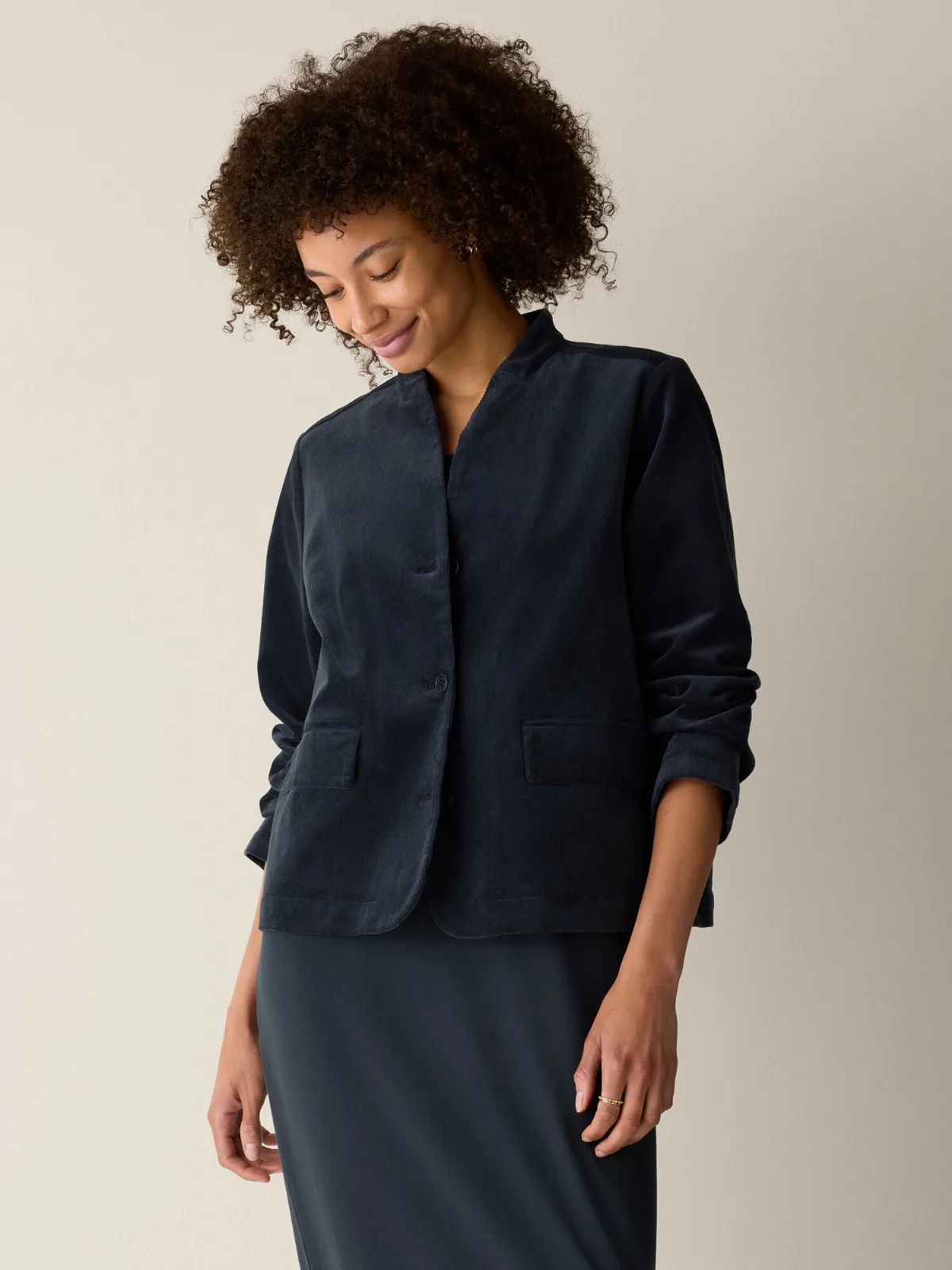 Organic Cotton Stretch Corduroy High Collar Jacket by EILEEN FISHER