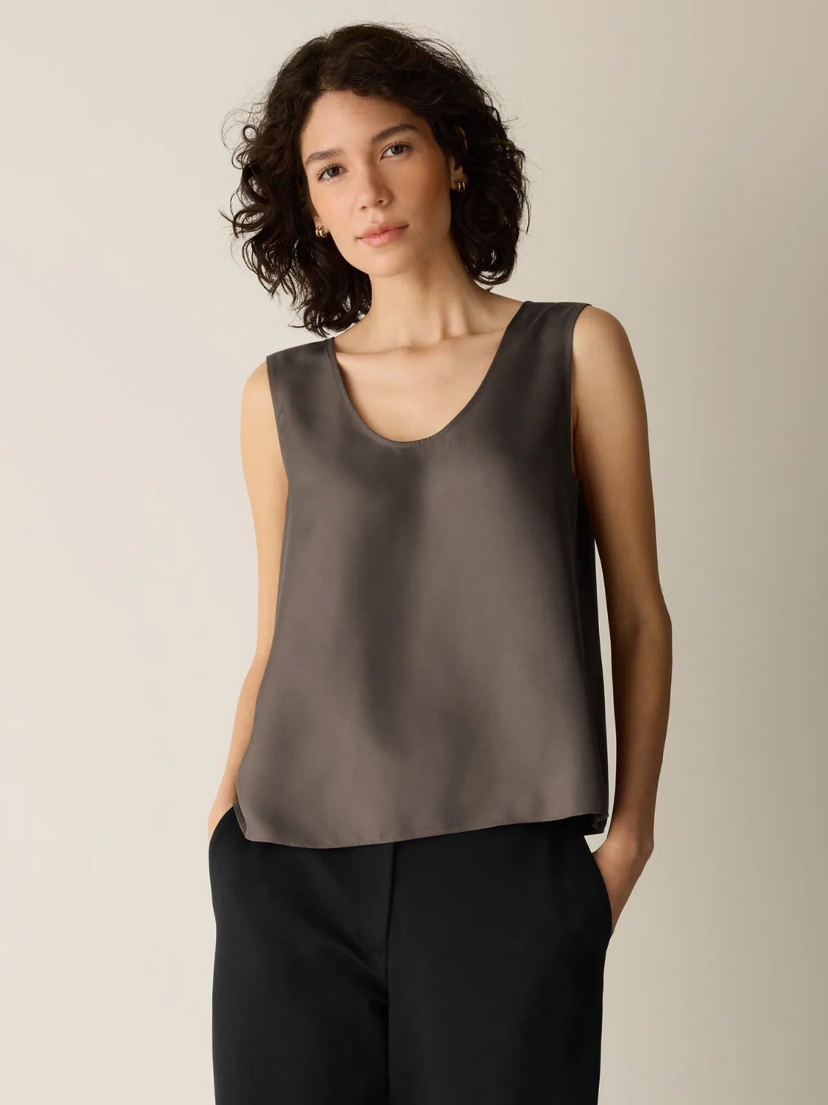 Silk Twill Curved V-Neck Tank by EILEEN FISHER