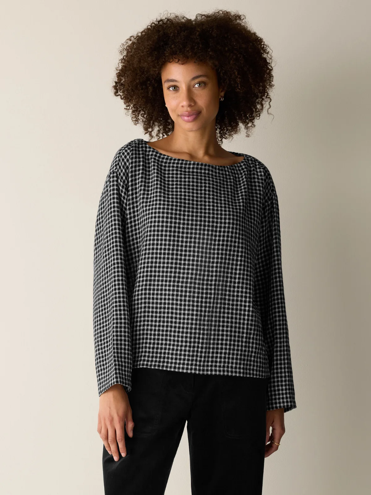 Wool Cotton Check Bateau Neck Top by EILEEN FISHER