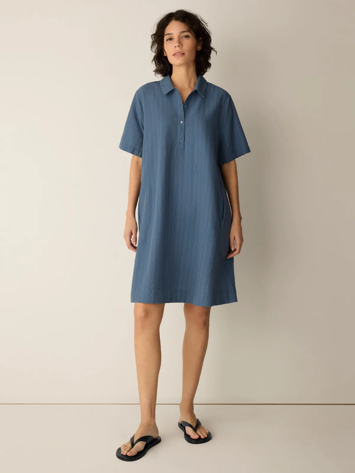 Cotton Blend Stripe Stitch Classic Collar Dress by EILEEN FISHER