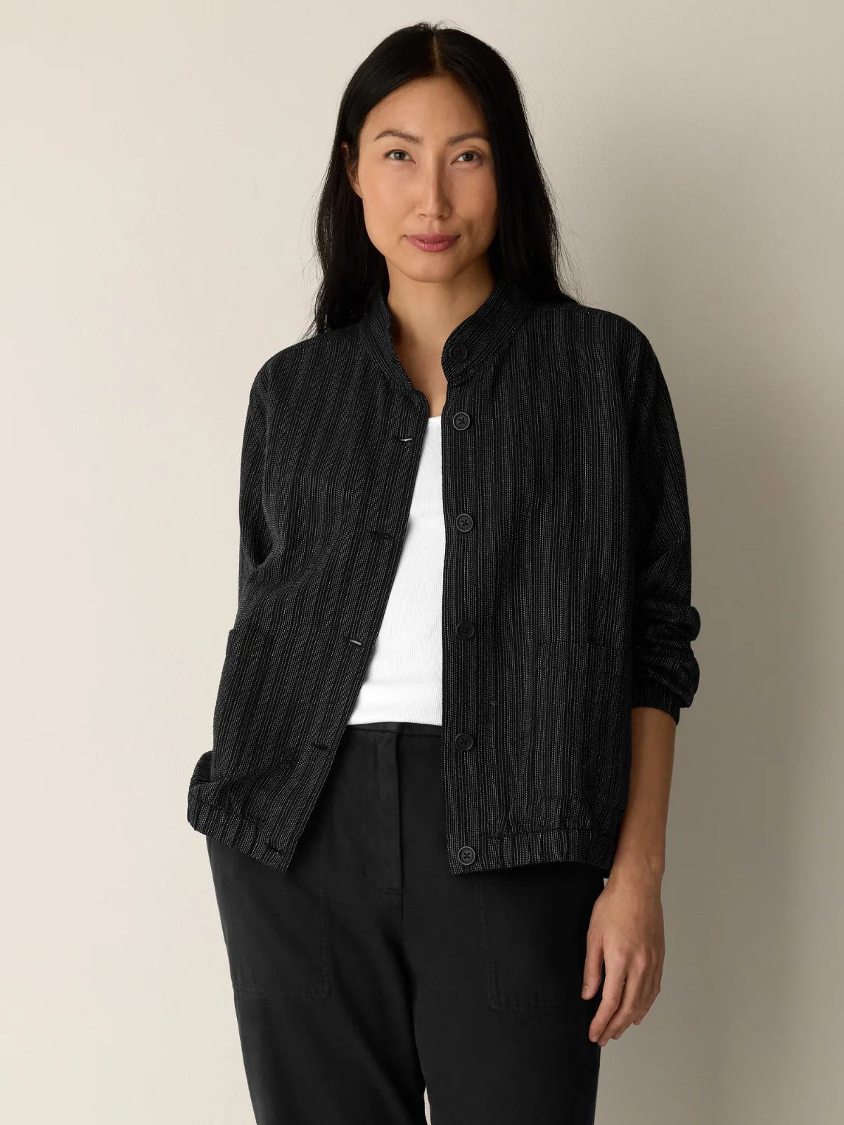 Cotton Blend Stripe Stitch Flight Jacket by EILEEN FISHER