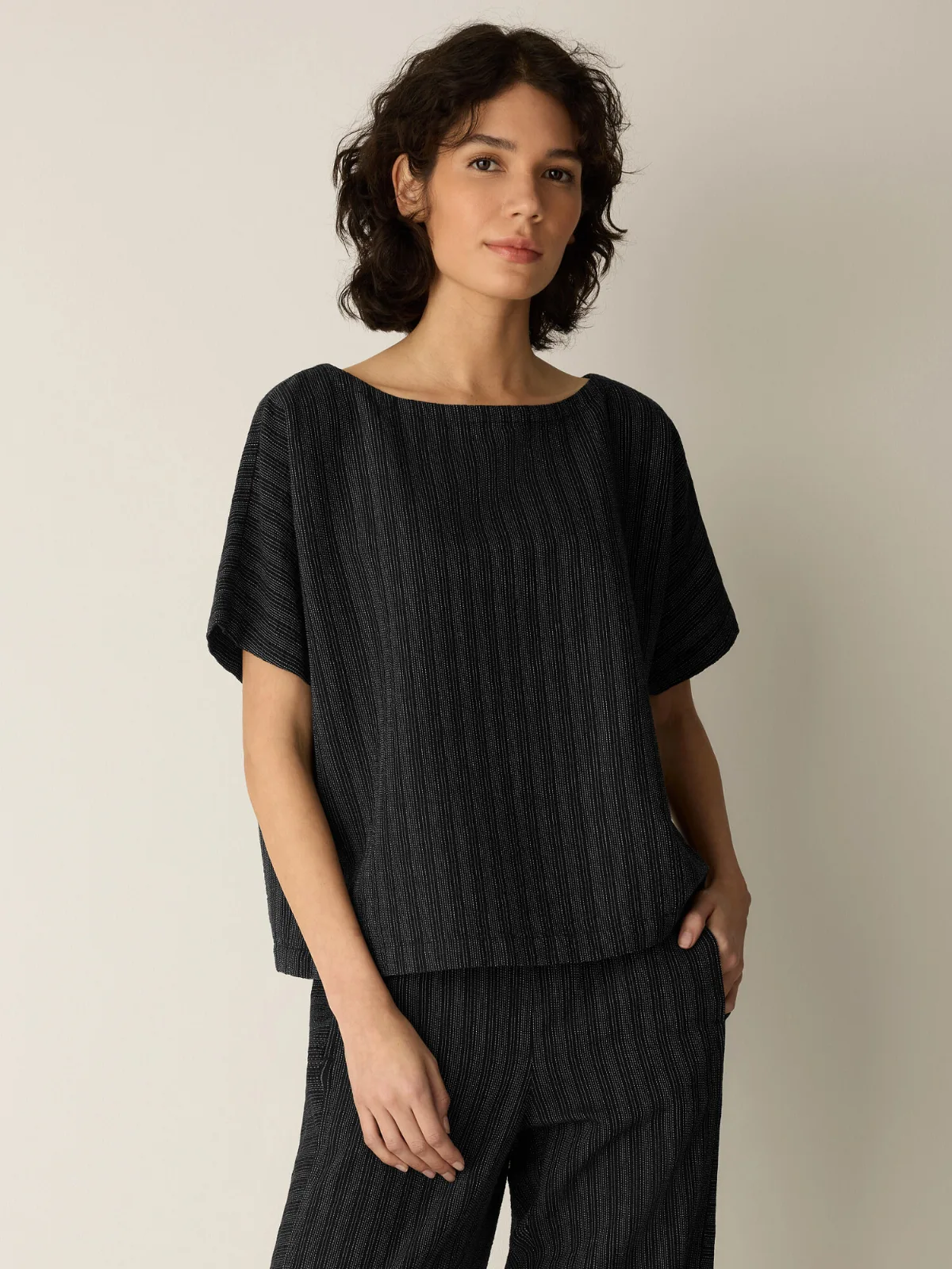 Cotton Blend Stripe Stitch Bateau Neck Top by EILEEN FISHER