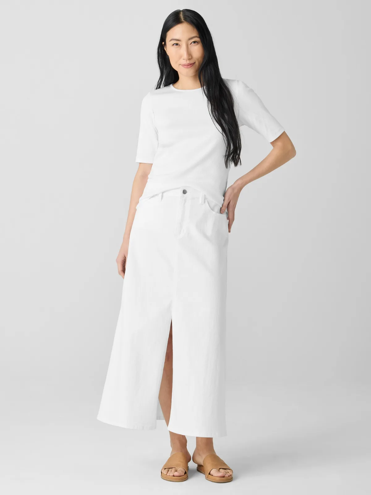 Garment-Dyed Organic Cotton Denim A-Line Skirt by EILEEN FISHER