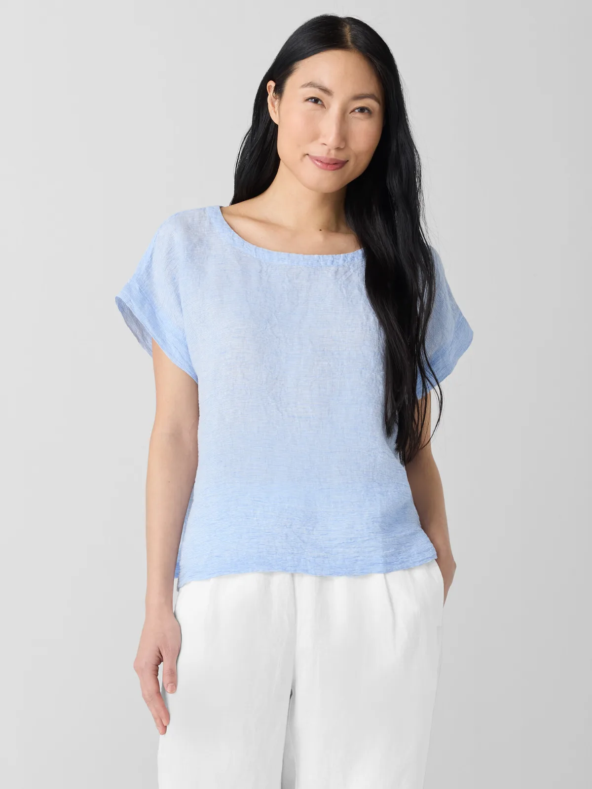 Puckered Organic Linen Stripe Ballet Neck Top by EILEEN FISHER
