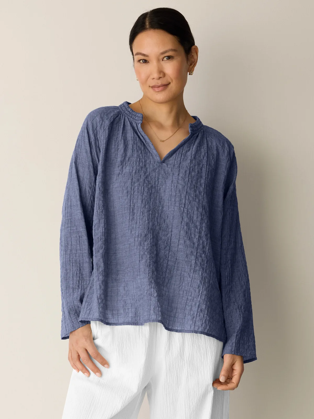 Organic Cotton Microstripe Pucker Split Collar Top by EILEEN FISHER