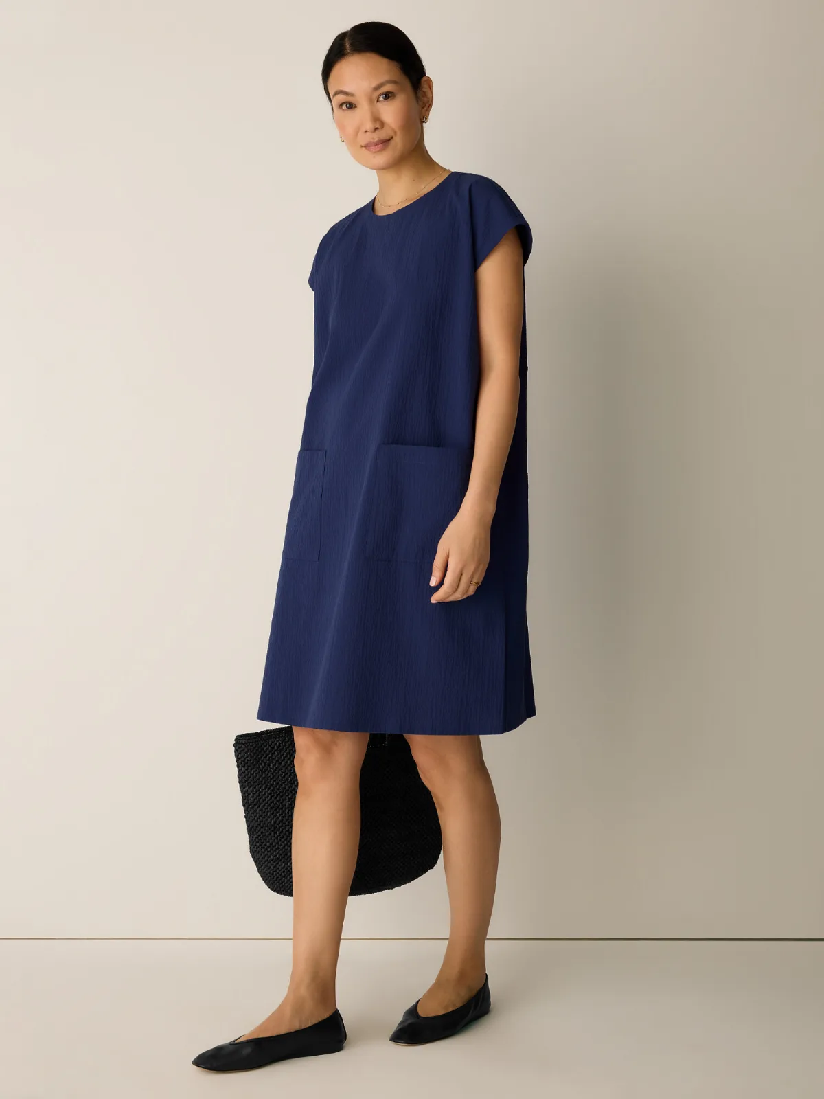Organic Cotton Pucker Round Neck Dress by EILEEN FISHER