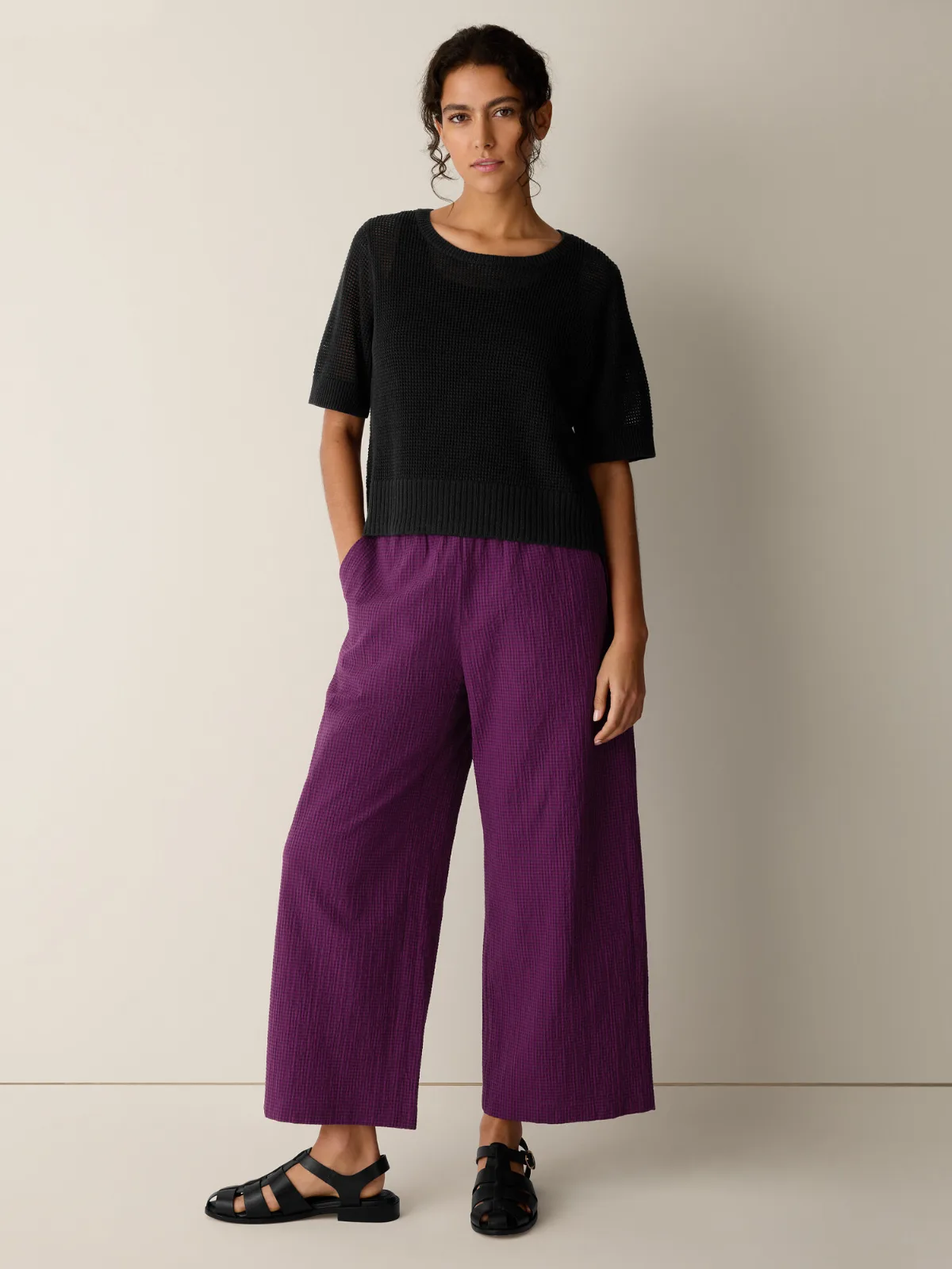 Organic Cotton Pucker Check Wide-Leg Pant by EILEEN FISHER