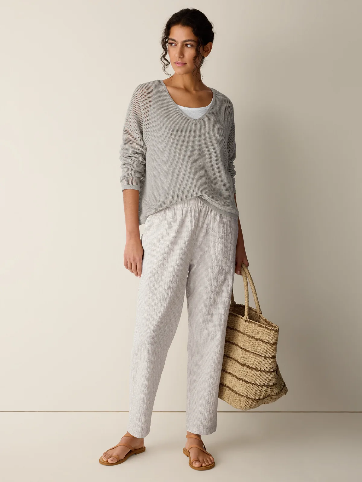 Organic Cotton Pucker Check Tapered Pant by EILEEN FISHER
