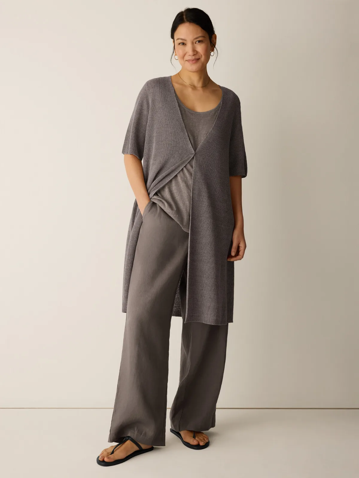 Organic Linen Delave V-Neck Long Cardigan by EILEEN FISHER