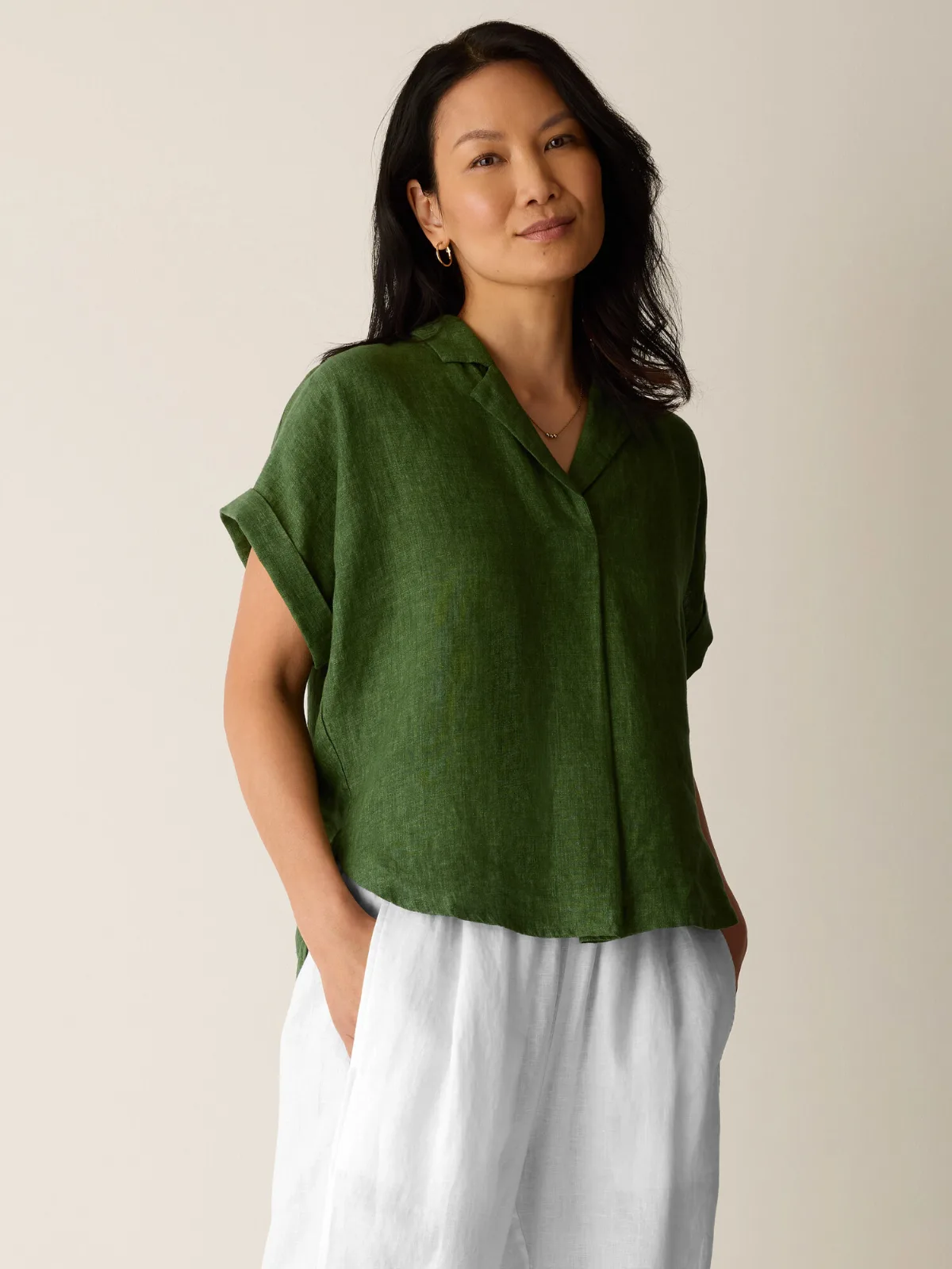 Washed Organic Linen Delave Notch Collar Top