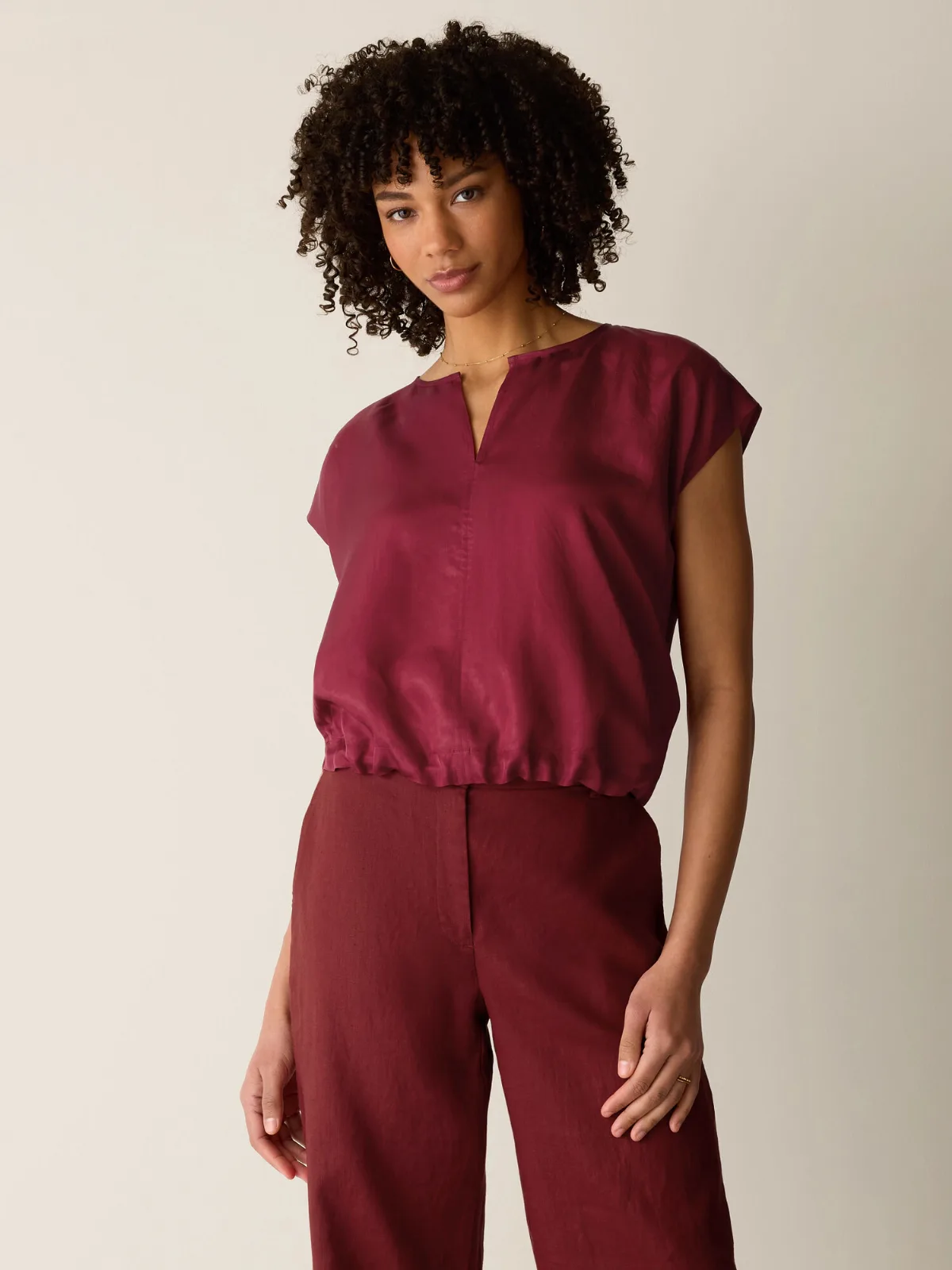 Lightweight Satin Shimmer Split Neck Top by EILEEN FISHER