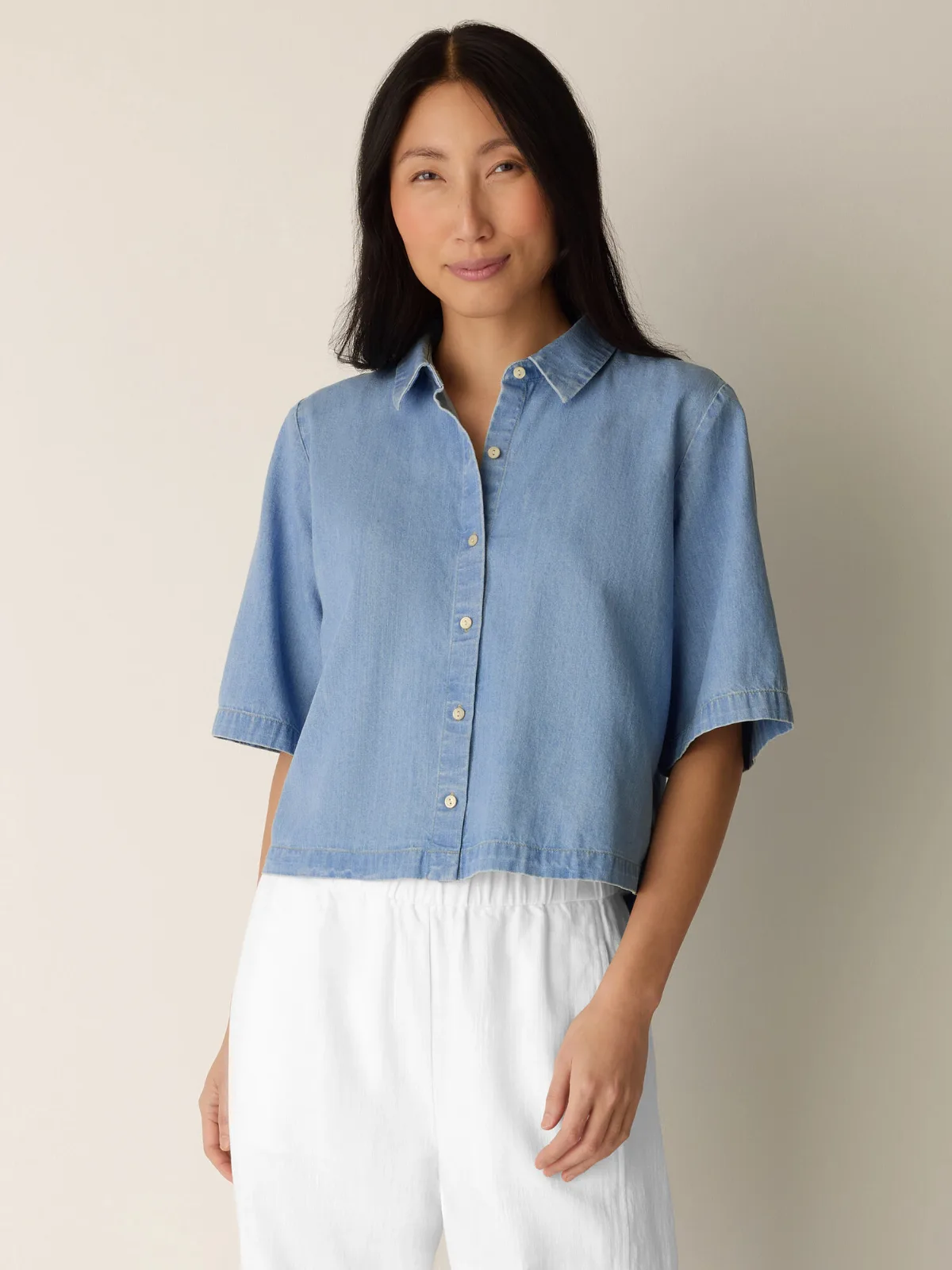Lightweight Organic Cotton Denim Elbow-Sleeve Shirt