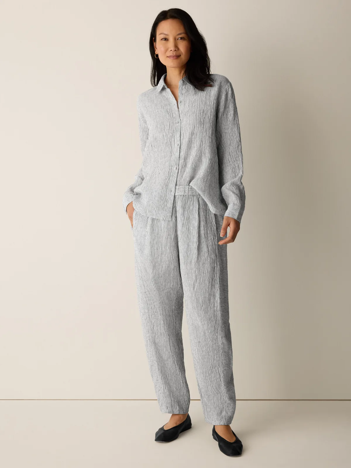 Puckered Organic Linen Stripe Lantern Pant by EILEEN FISHER