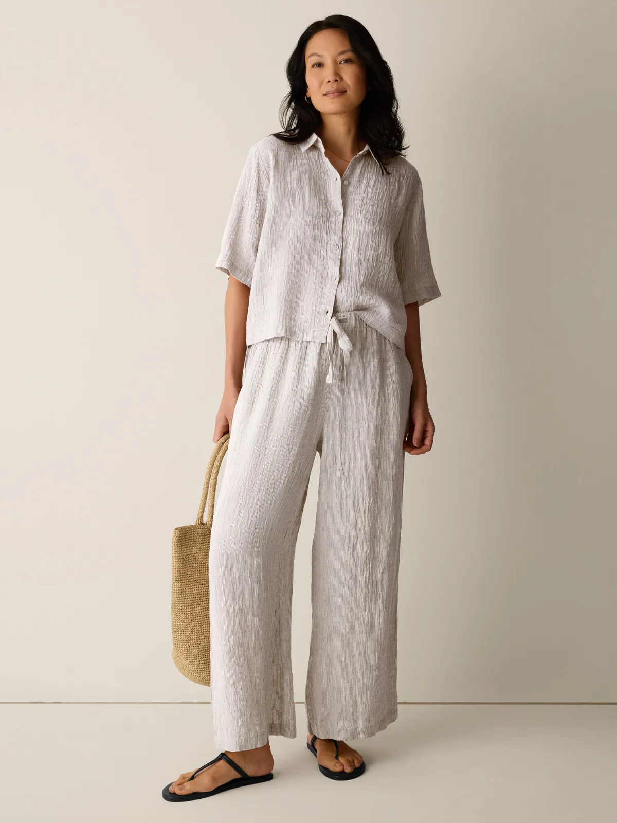 Puckered Organic Linen Stripe Wide-Leg Pant by EILEEN FISHER