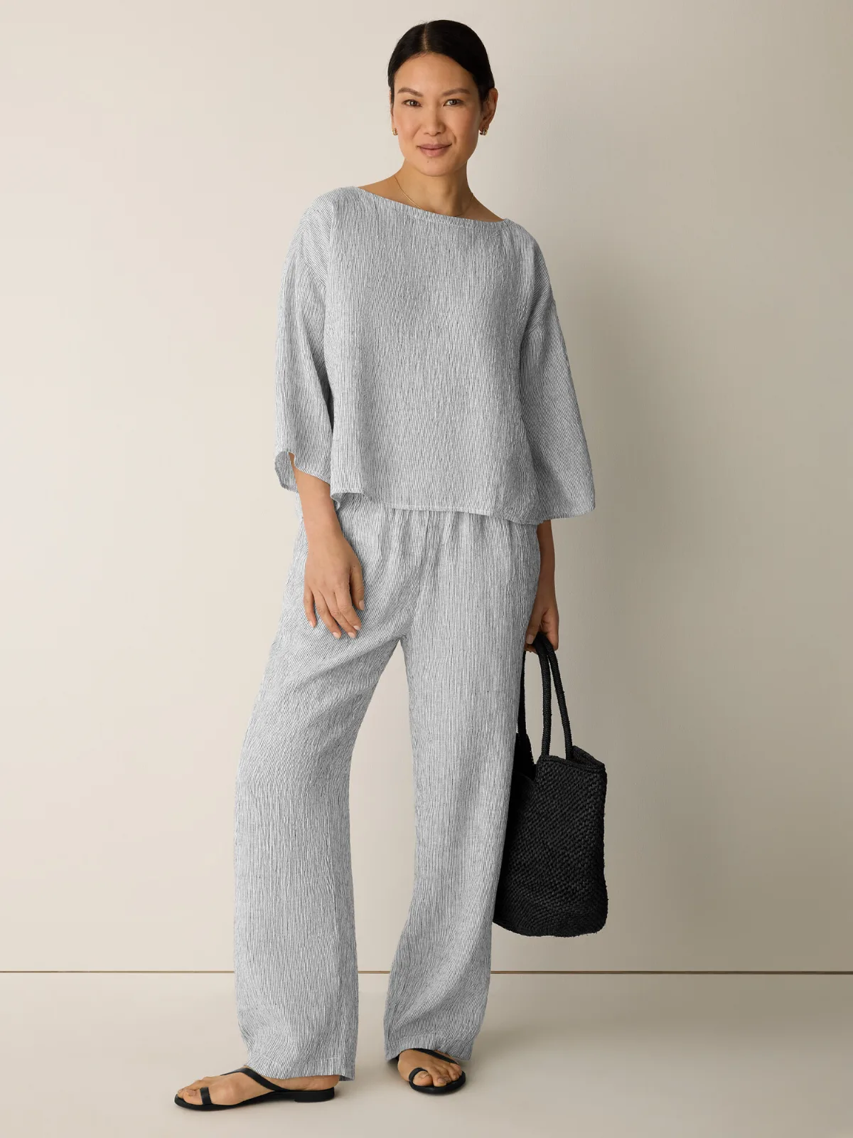 Puckered Organic Linen Stripe Straight Pant by EILEEN FISHER