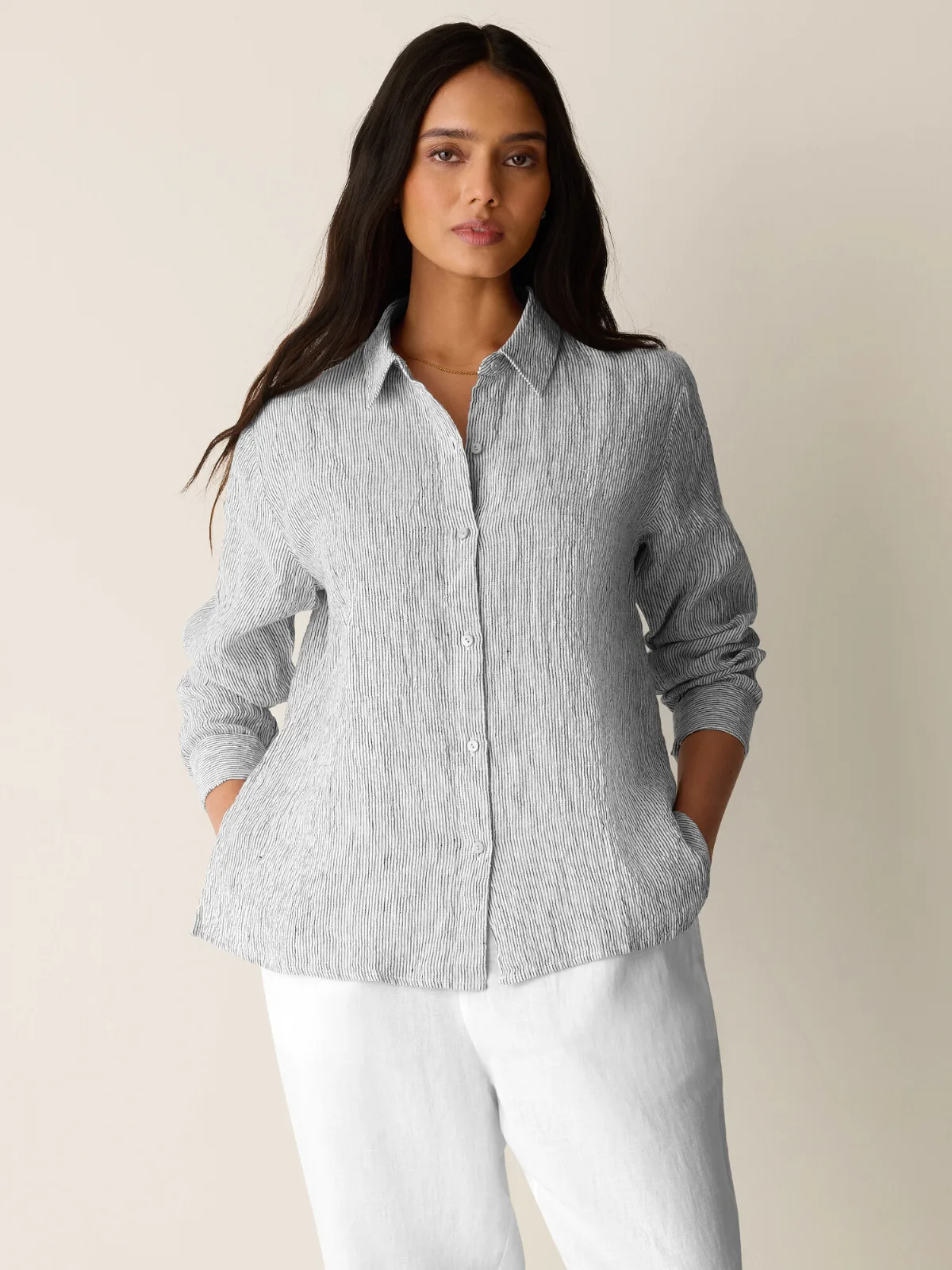 Puckered Organic Linen Stripe Classic Collar Shirt by EILEEN FISHER