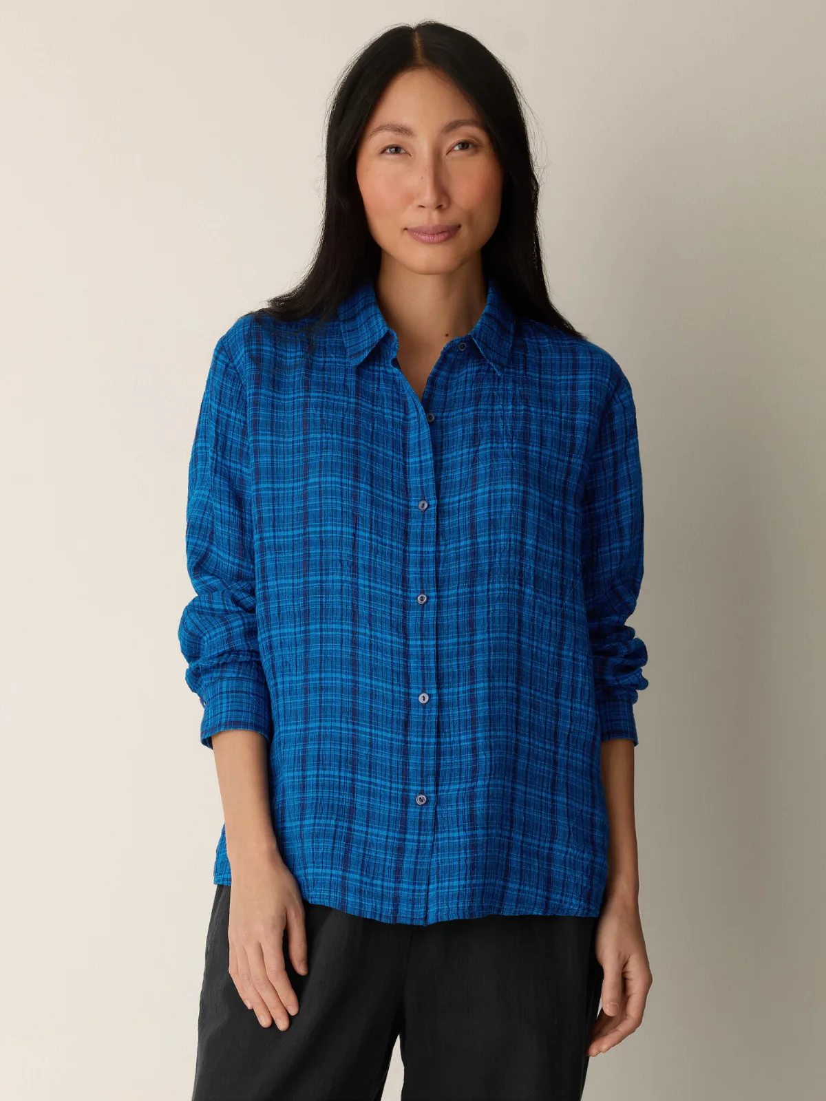 Puckered Organic Linen Plaid Classic Collar Shirt by EILEEN FISHER