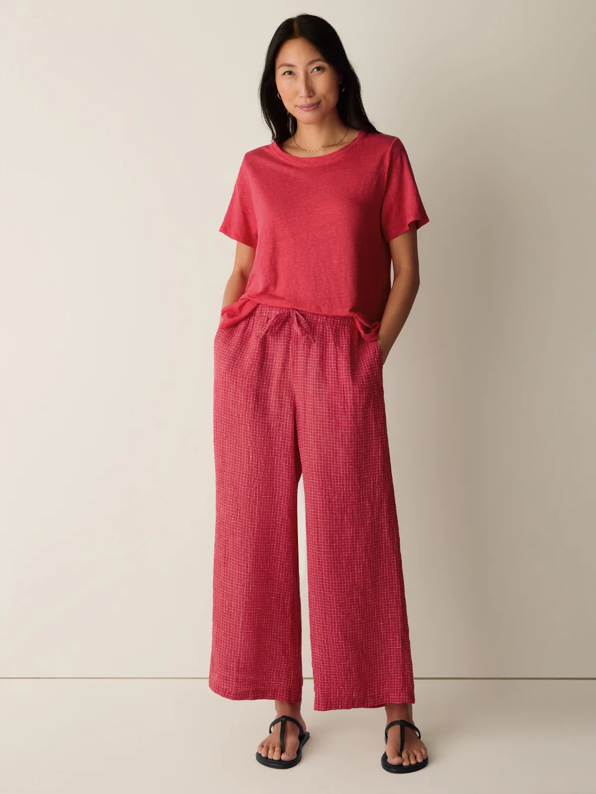 Puckered Organic Linen Grid Wide-Leg Pant by EILEEN FISHER