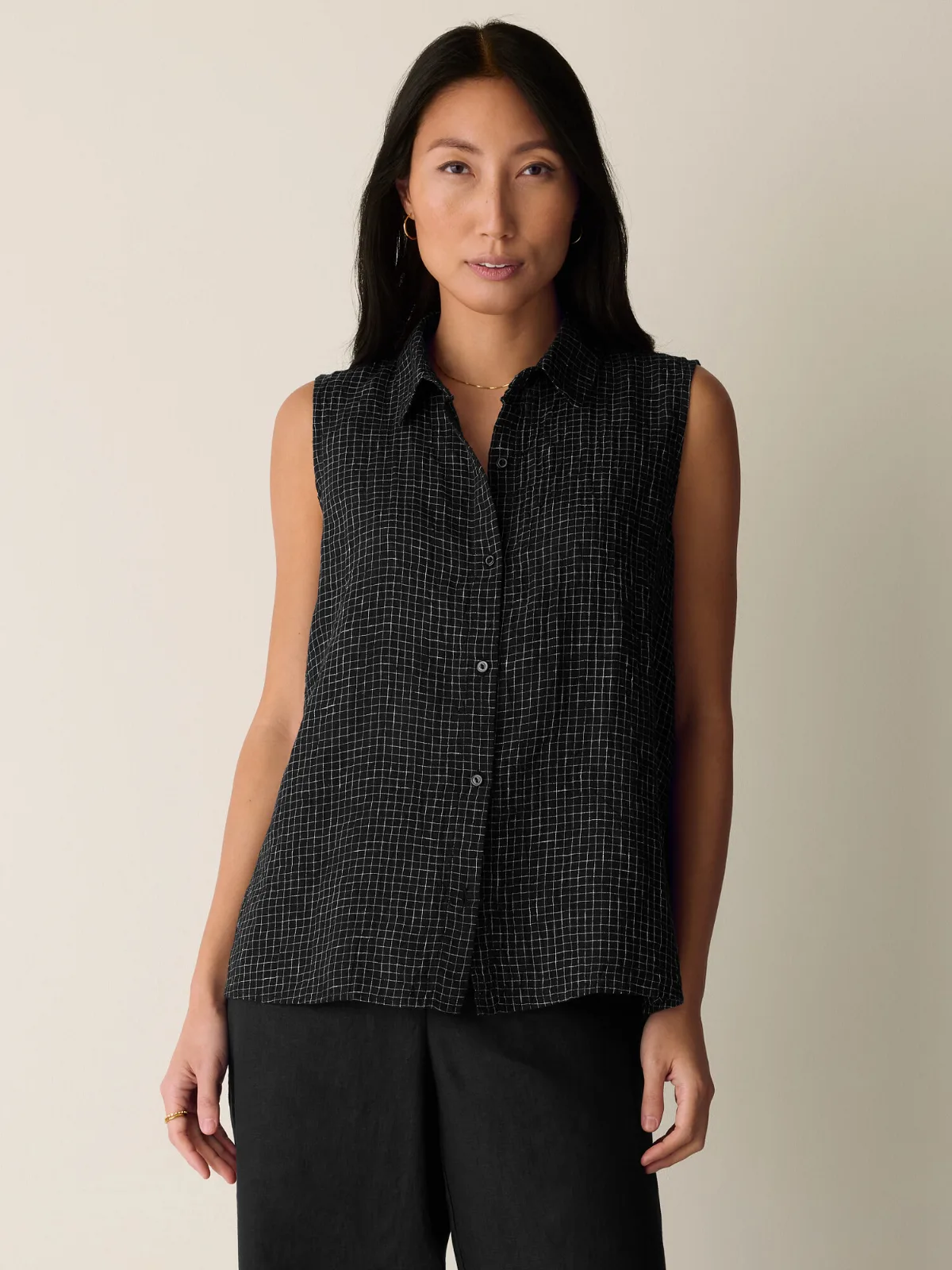 Puckered Organic Linen Grid Sleeveless Shirt by EILEEN FISHER