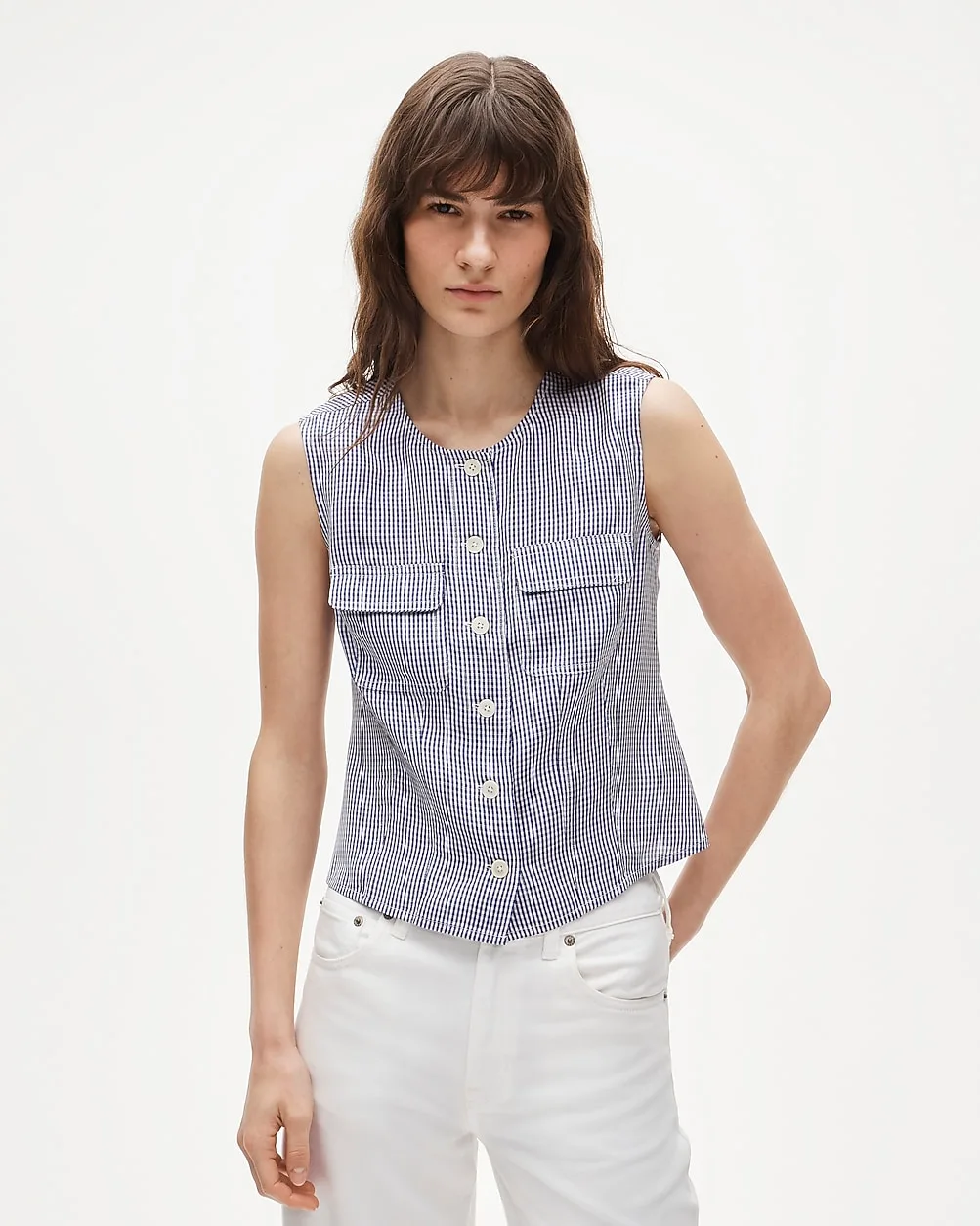 Utility Button-Up Top in Gingham Gramercy Linen Blend by J.Crew
