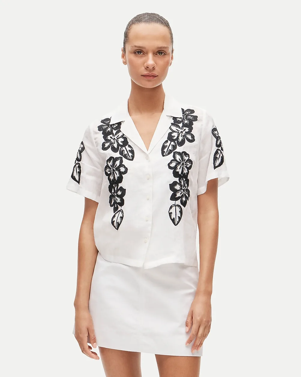 Short-Sleeve Button-Up Top in Beaded Floral by J.Crew