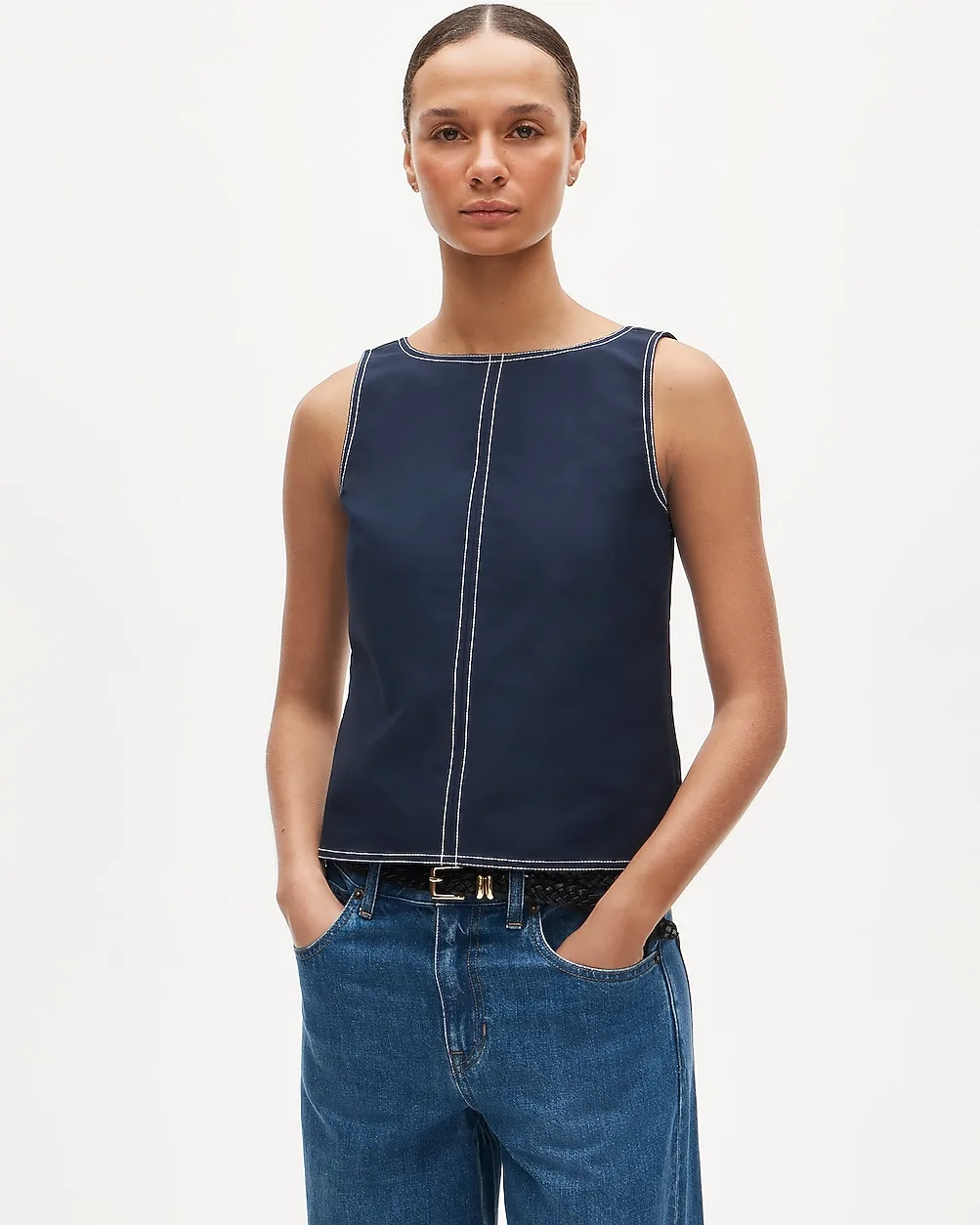 Contrast-Stitch Shell Top in Double Cotton Poplin