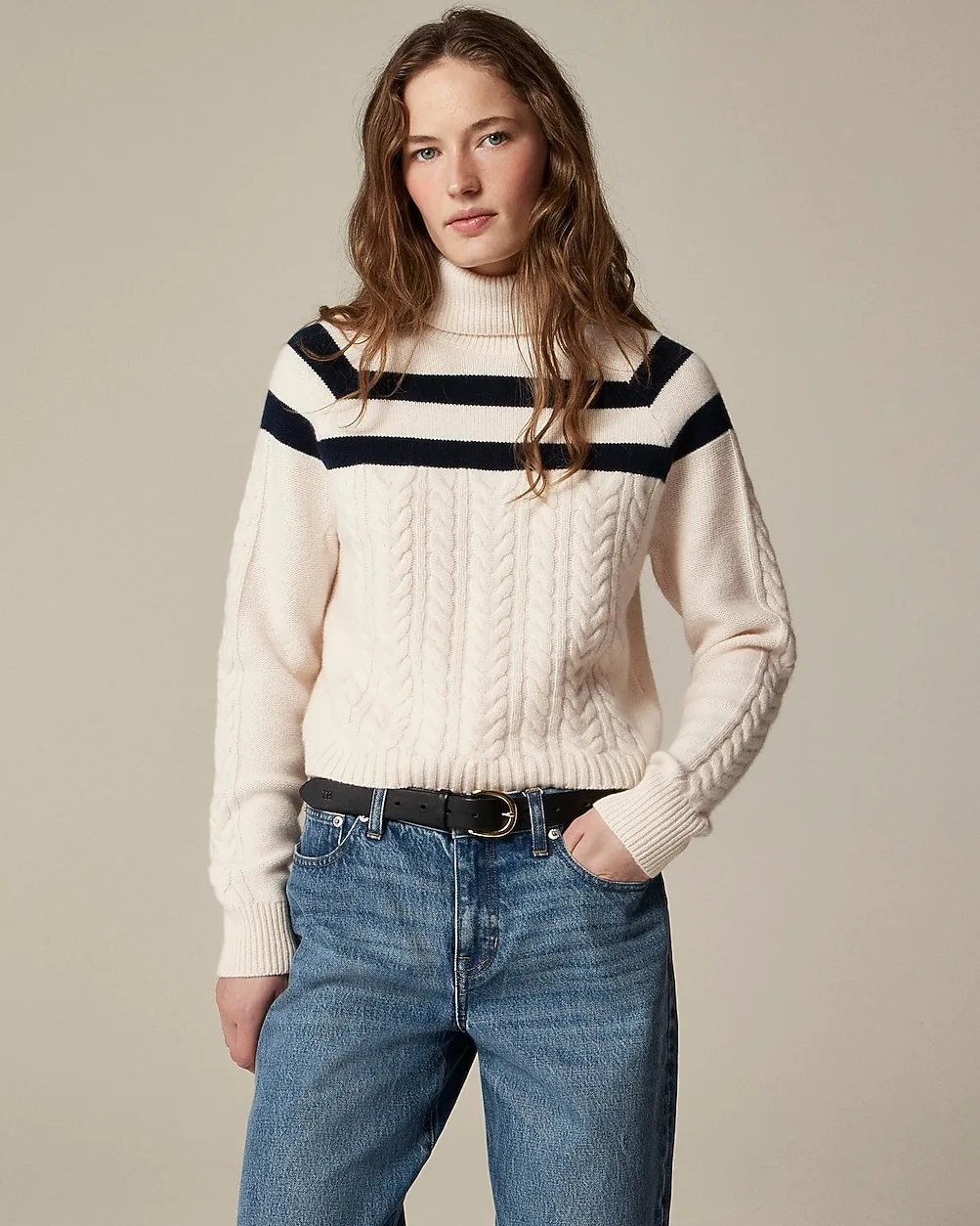 Cashmere Cable-Knit Turtleneck Sweater with Contrast Stripe by J.Crew