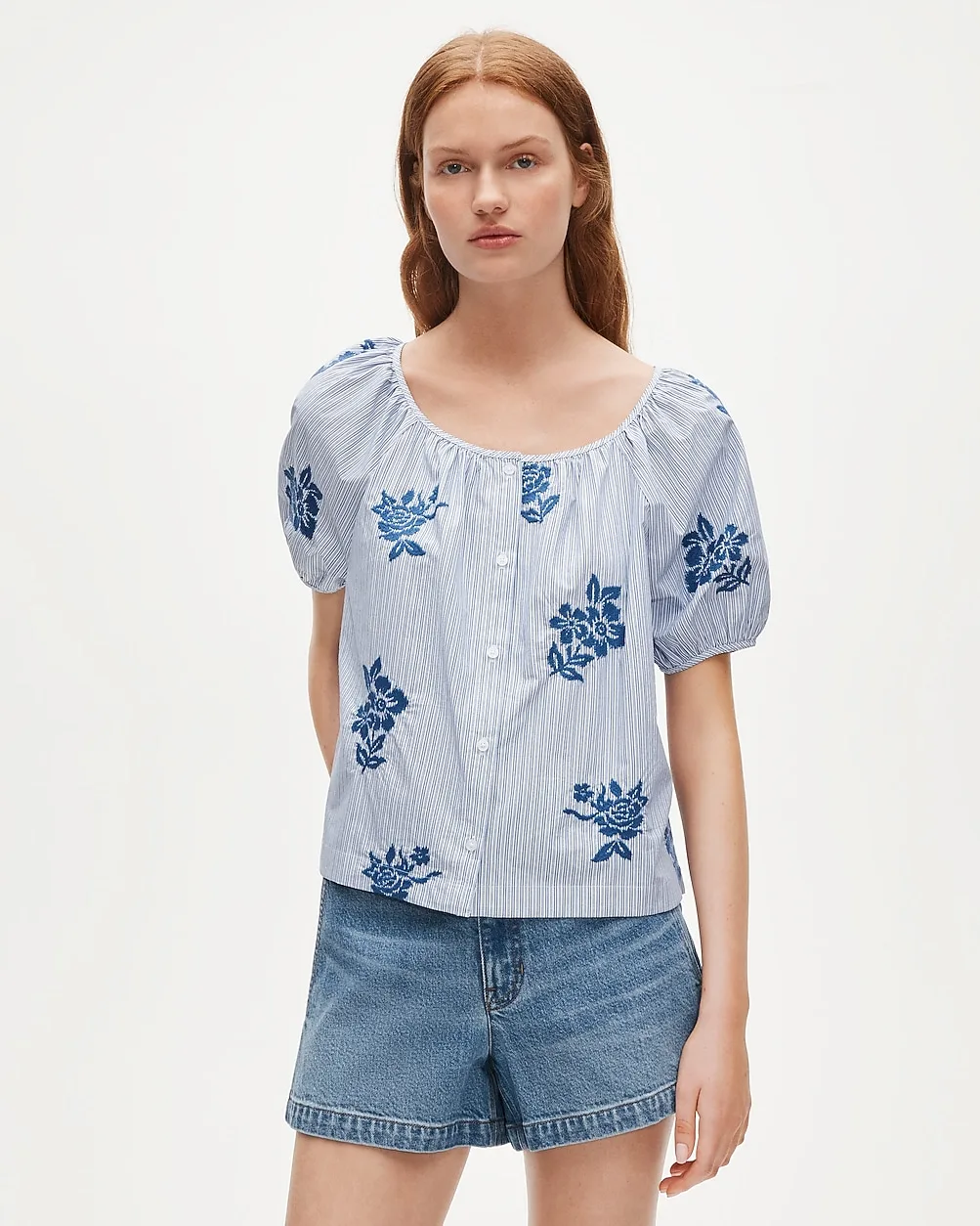 Puff-Sleeve Button-Up Top in Embroidered Floral Stripe by J.Crew