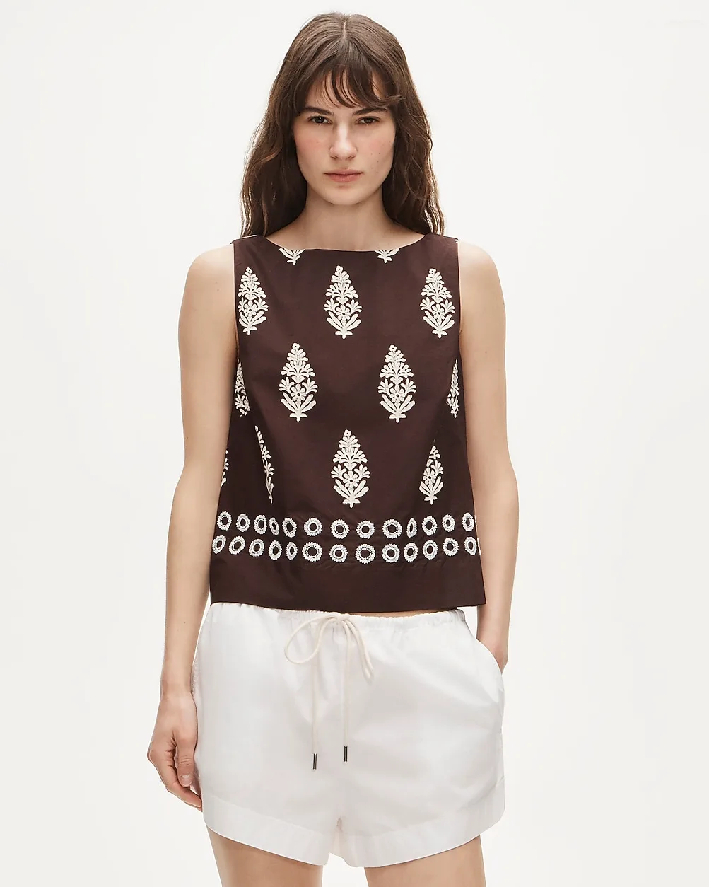 Beaded Shell Top in Cocoa Block Print by J.Crew