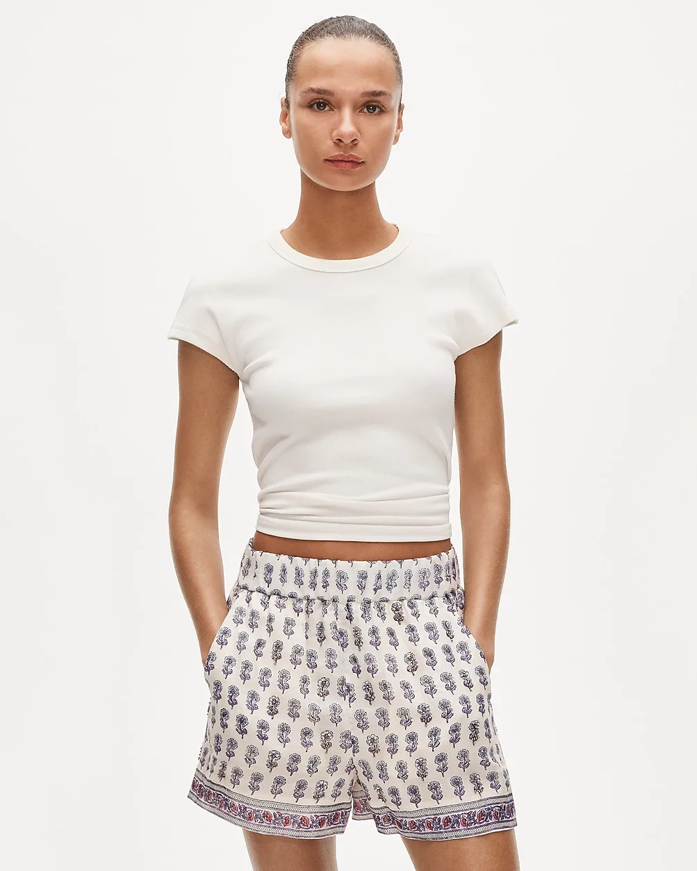 Embellished Tropez Short in Lilac Block-Print Ramie by J.Crew
