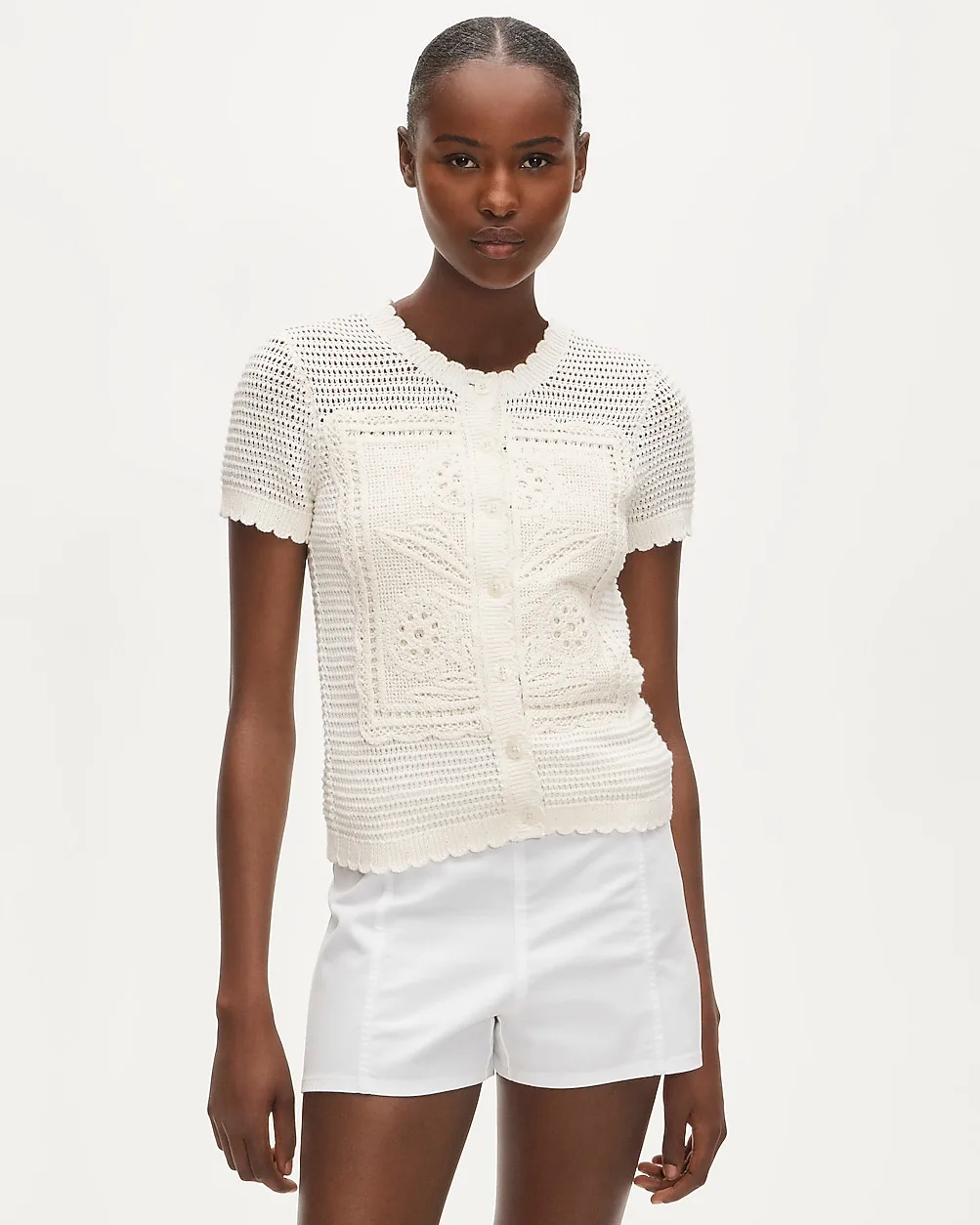 Short-Sleeve Crochet Floral Cardigan by J.Crew