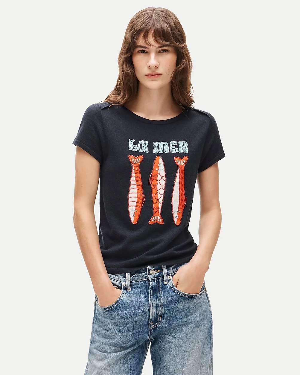 Featherweight Cashmere Beaded "La Mer" Graphic Sweater-Tee by J.Crew