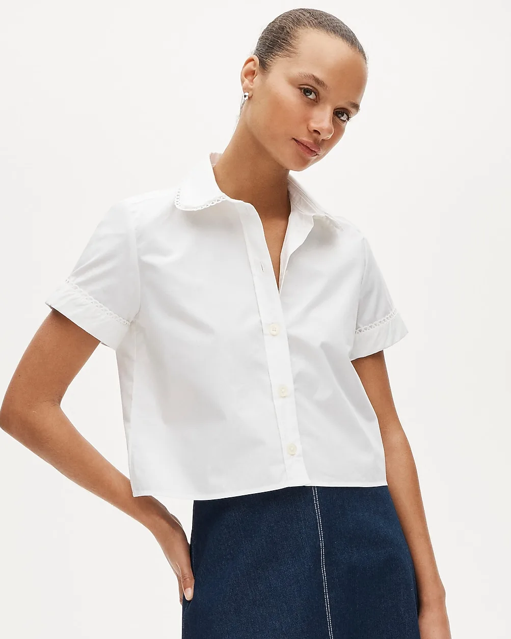 Gamine Scallop-Trim Button-Up Shirt